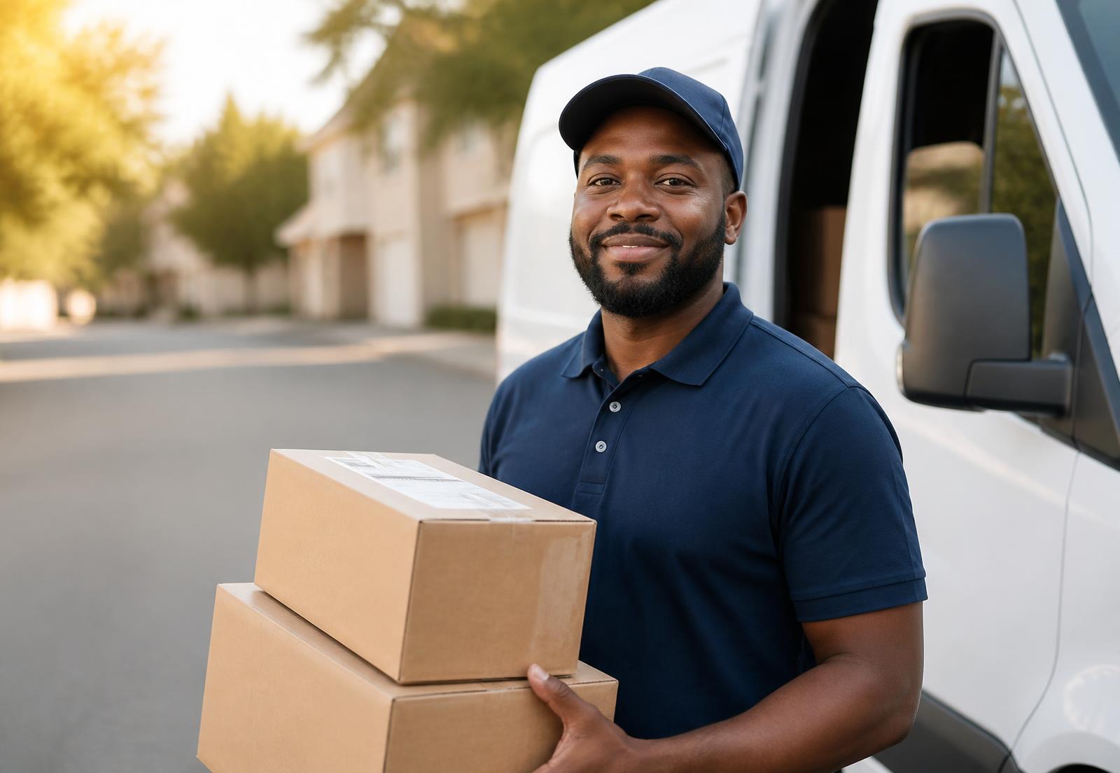 Commercial delivery driver with a package and clipboard beside a white cargo van at a business loading dock